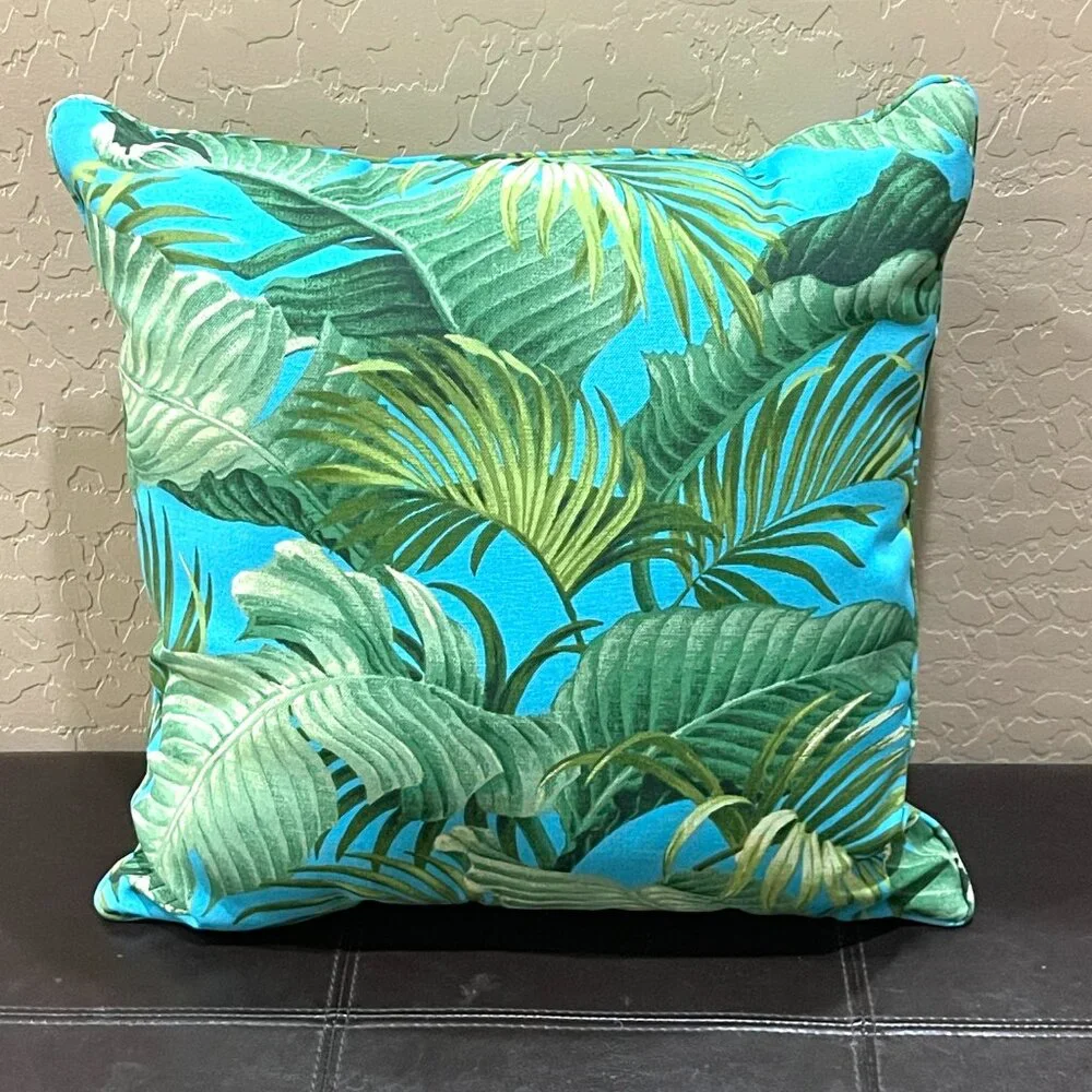 Tropical Vibe Indoor Outdoor Turquoise Blue Green Palm Leaf Throw Pillow Square